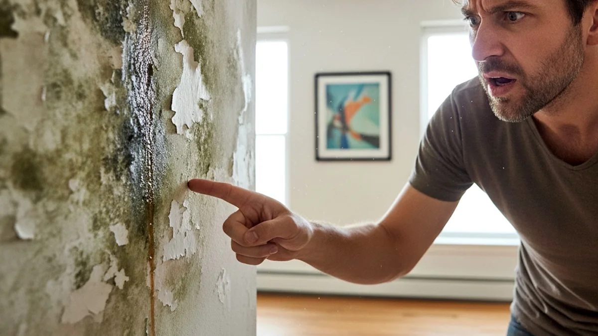 Inquilino com expressão de frustração mostrando uma parede com infiltração em um apartamento, contrastando com a expectativa de um imóvel em perfeitas condições