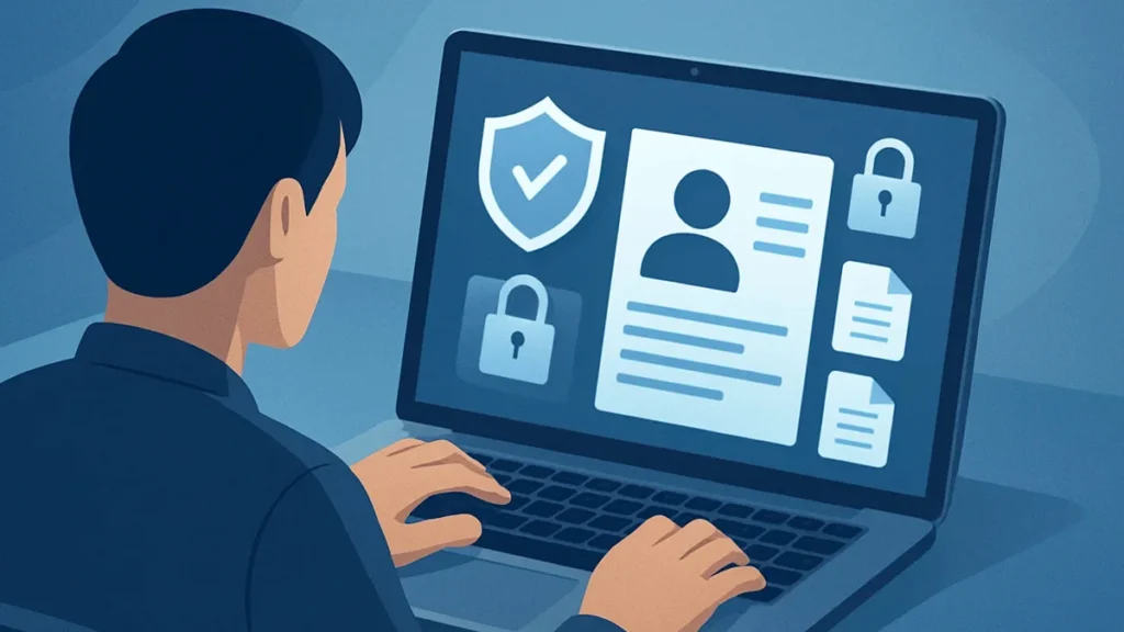 Uma pessoa analisando dados e informações pessoais em um notebook, com ícones de segurança e cadeados na tela, simbolizando a importância do monitoramento de documentos e a proteção contra fraudes.
