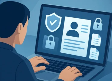 Uma pessoa analisando dados e informações pessoais em um notebook, com ícones de segurança e cadeados na tela, simbolizando a importância do monitoramento de documentos e a proteção contra fraudes.