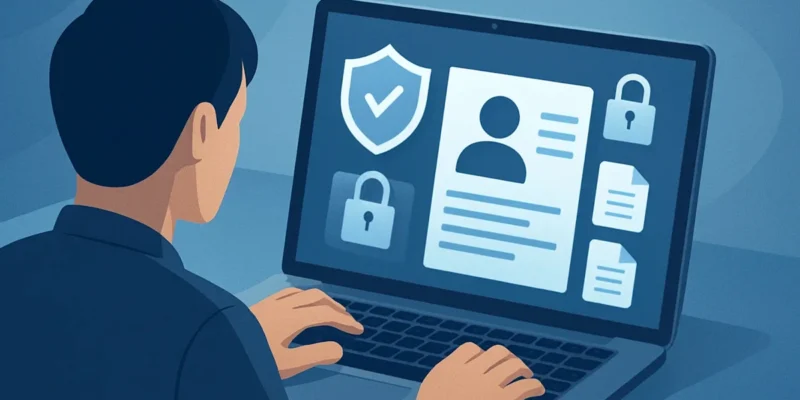 Uma pessoa analisando dados e informações pessoais em um notebook, com ícones de segurança e cadeados na tela, simbolizando a importância do monitoramento de documentos e a proteção contra fraudes.