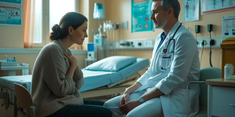Paciente em um consultório do SUS, sendo confortado por um acompanhante de confiança enquanto conversa com um profissional de saúde, simbolizando o direito ao acolhimento e apoio durante o atendimento médico.