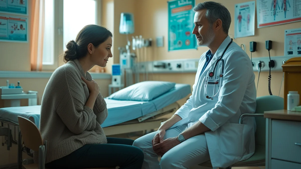 Paciente em um consultório do SUS, sendo confortado por um acompanhante de confiança enquanto conversa com um profissional de saúde, simbolizando o direito ao acolhimento e apoio durante o atendimento médico.