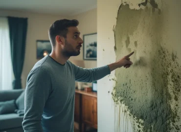 Detalhe de uma grande mancha de infiltração e mofo no canto de uma parede, representando um dano estrutural em imóvel alugado e a dúvida sobre a responsabilidade do conserto.