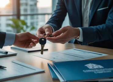 Uma pessoa entregando as chaves de um imóvel para um representante da construtora, simbolizando o ato do distrato imobiliário e a devolução do imóvel comprado na planta.
