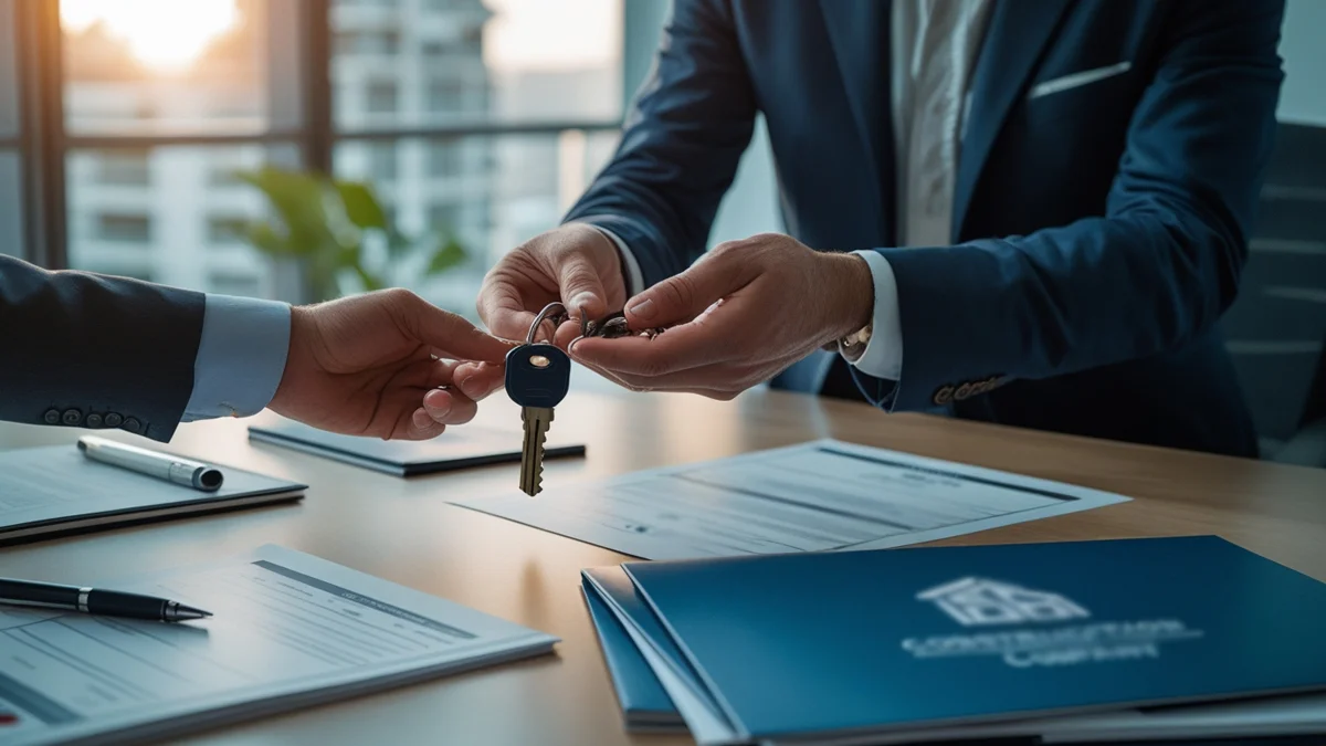 Uma pessoa entregando as chaves de um imóvel para um representante da construtora, simbolizando o ato do distrato imobiliário e a devolução do imóvel comprado na planta.