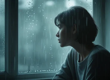 Uma pessoa em perfil, olhando pela janela em um dia chuvoso, representando um momento de introspecção e a importância de cuidar da saúde mental durante o processo de divórcio.