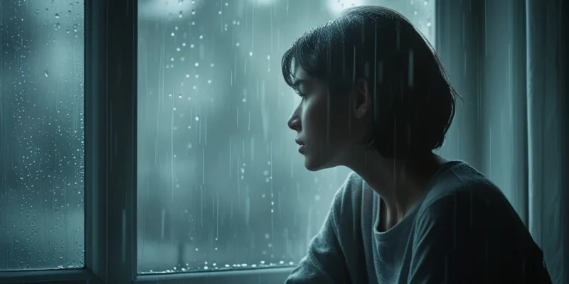 Uma pessoa em perfil, olhando pela janela em um dia chuvoso, representando um momento de introspecção e a importância de cuidar da saúde mental durante o processo de divórcio.