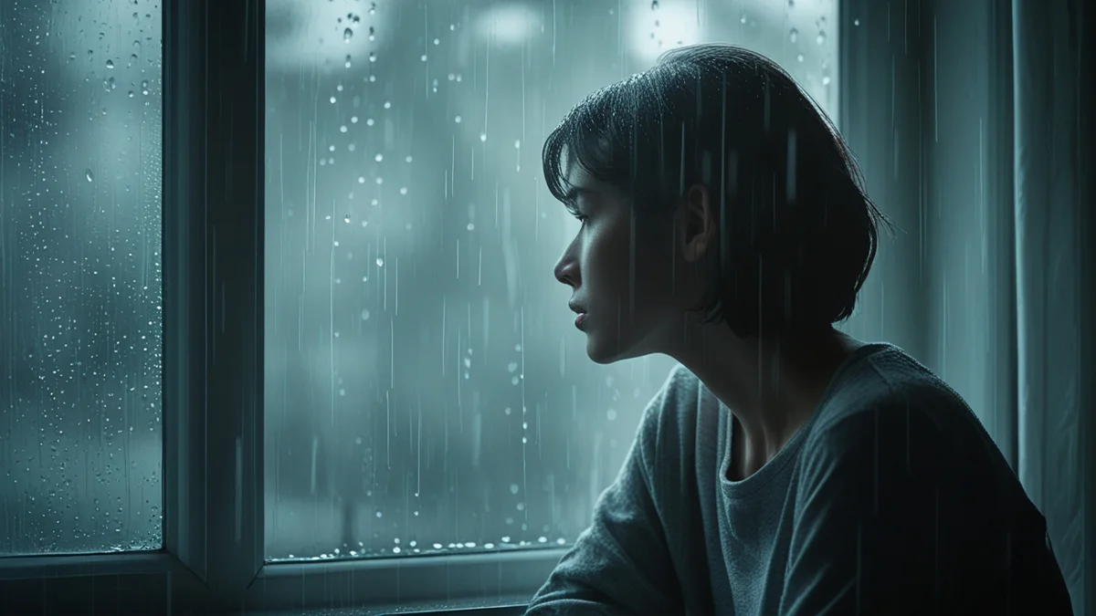Uma pessoa em perfil, olhando pela janela em um dia chuvoso, representando um momento de introspecção e a importância de cuidar da saúde mental durante o processo de divórcio.