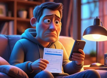 Imagem de um trabalhador em casa, visivelmente doente, segurando um atestado médico e um celular, com expressão de preocupação sobre a possibilidade de ser demitido e buscando seus direitos trabalhistas online.