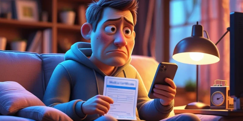 Imagem de um trabalhador em casa, visivelmente doente, segurando um atestado médico e um celular, com expressão de preocupação sobre a possibilidade de ser demitido e buscando seus direitos trabalhistas online.