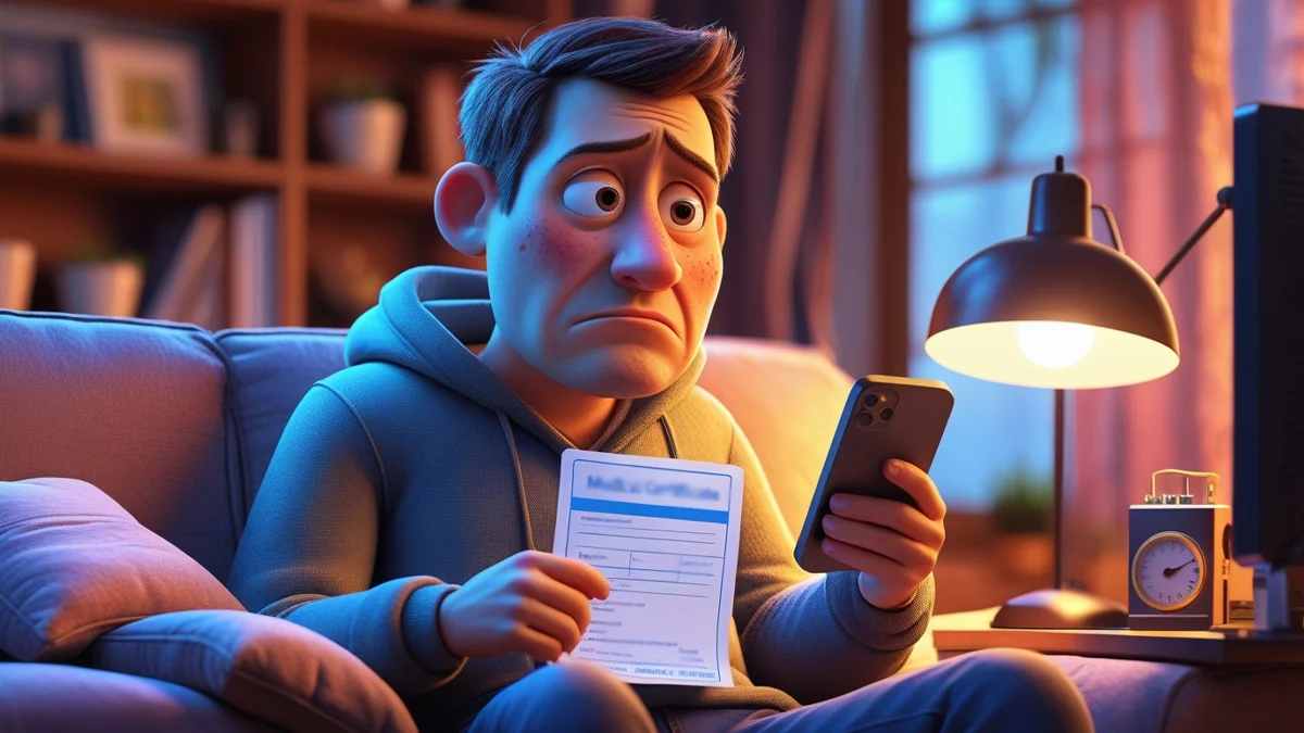 Imagem de um trabalhador em casa, visivelmente doente, segurando um atestado médico e um celular, com expressão de preocupação sobre a possibilidade de ser demitido e buscando seus direitos trabalhistas online.