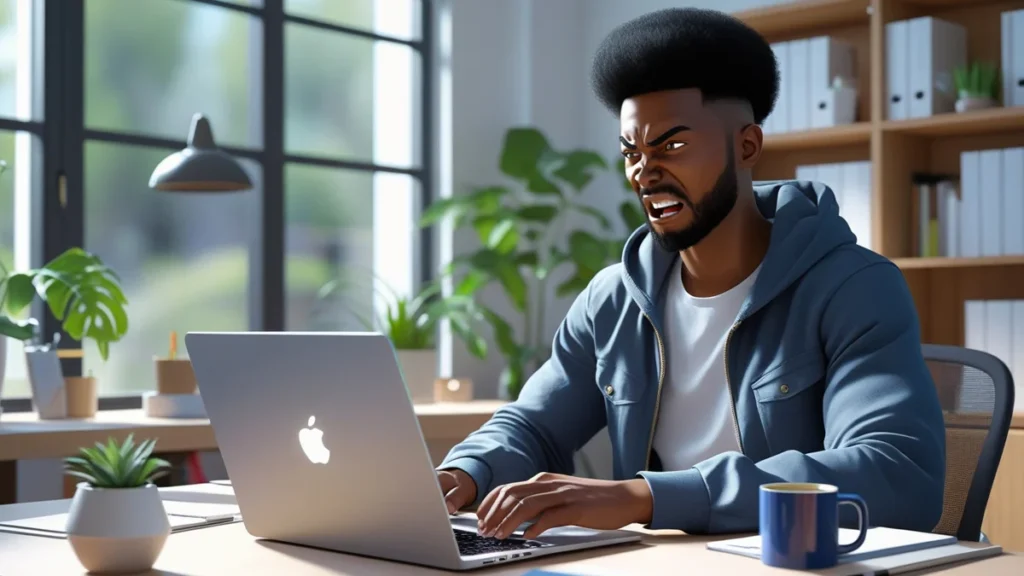 Trabalhador em seu escritório em casa, com uma expressão frustrada, olhando para a tela de um notebook enquanto o sinal de Wi-Fi está com um X vermelho, simbolizando a queda de internet e problemas técnicos no home office.