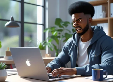 Trabalhador em seu escritório em casa, com uma expressão frustrada, olhando para a tela de um notebook enquanto o sinal de Wi-Fi está com um X vermelho, simbolizando a queda de internet e problemas técnicos no home office.