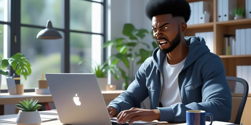 Trabalhador em seu escritório em casa, com uma expressão frustrada, olhando para a tela de um notebook enquanto o sinal de Wi-Fi está com um X vermelho, simbolizando a queda de internet e problemas técnicos no home office.