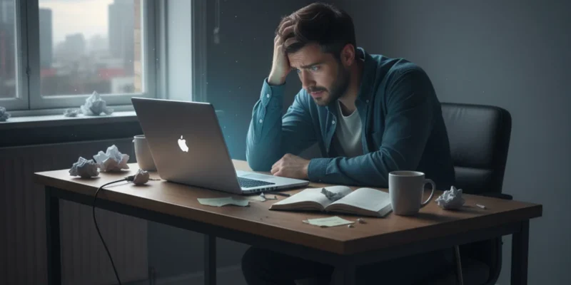 Um homem trabalhando em home office, sentado em frente ao seu notebook com uma expressão de preocupação e angústia, simbolizando o momento de uma demissão injusta no trabalho remoto.