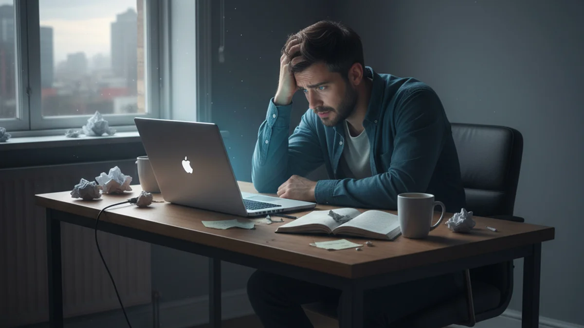 Um homem trabalhando em home office, sentado em frente ao seu notebook com uma expressão de preocupação e angústia, simbolizando o momento de uma demissão injusta no trabalho remoto.