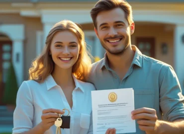 Fotografia de um casal sorrindo, segurando as chaves de uma casa em frente a uma fachada de imóvel com documentação em mãos, simbolizando a conquista da regularização da propriedade via usucapião extrajudicial.