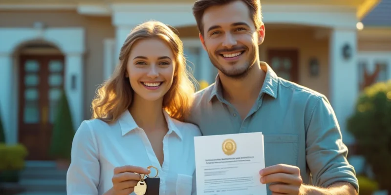Fotografia de um casal sorrindo, segurando as chaves de uma casa em frente a uma fachada de imóvel com documentação em mãos, simbolizando a conquista da regularização da propriedade via usucapião extrajudicial.