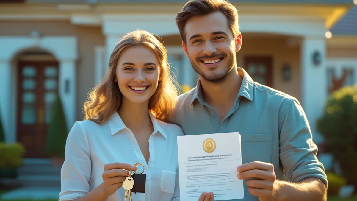 Fotografia de um casal sorrindo, segurando as chaves de uma casa em frente a uma fachada de imóvel com documentação em mãos, simbolizando a conquista da regularização da propriedade via usucapião extrajudicial.