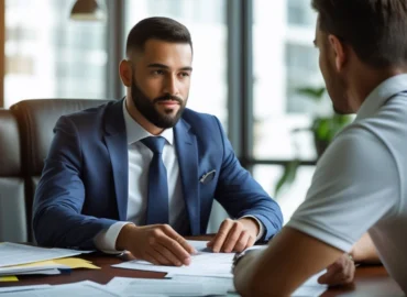 Advogado especialista em direito imobiliário aponta para cláusula em contrato de locação, discutindo a invasão de imóvel com cliente preocupado.