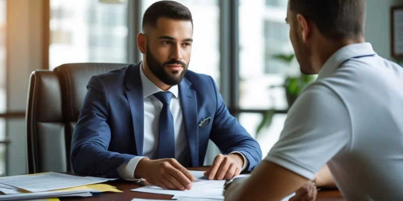 Advogado especialista em direito imobiliário aponta para cláusula em contrato de locação, discutindo a invasão de imóvel com cliente preocupado.
