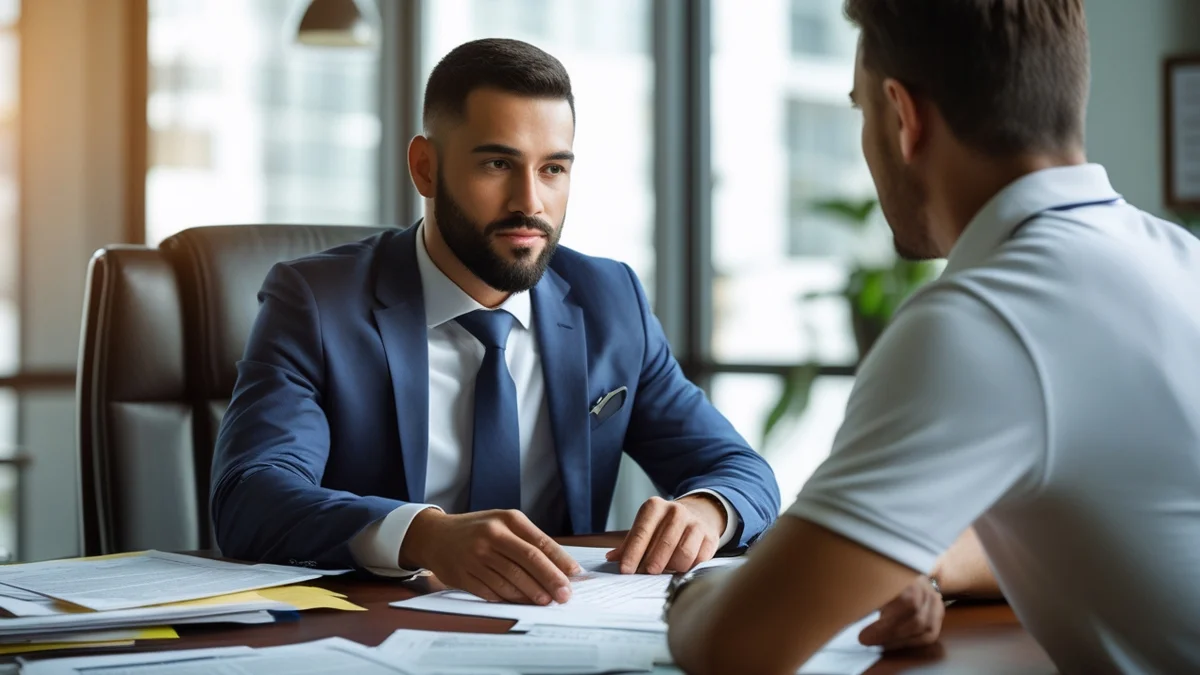 Advogado especialista em direito imobiliário aponta para cláusula em contrato de locação, discutindo a invasão de imóvel com cliente preocupado.