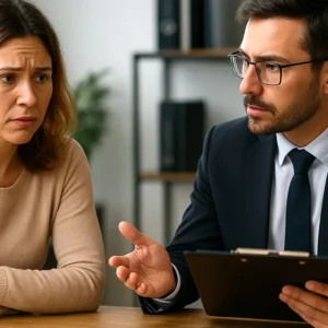 Mãe apreensiva conversa com advogado especialista em direito de família sobre autorização de viagem internacional de menor negada pelo ex-genitor.