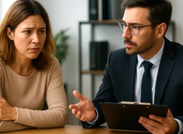 Mãe apreensiva conversa com advogado especialista em direito de família sobre autorização de viagem internacional de menor negada pelo ex-genitor.