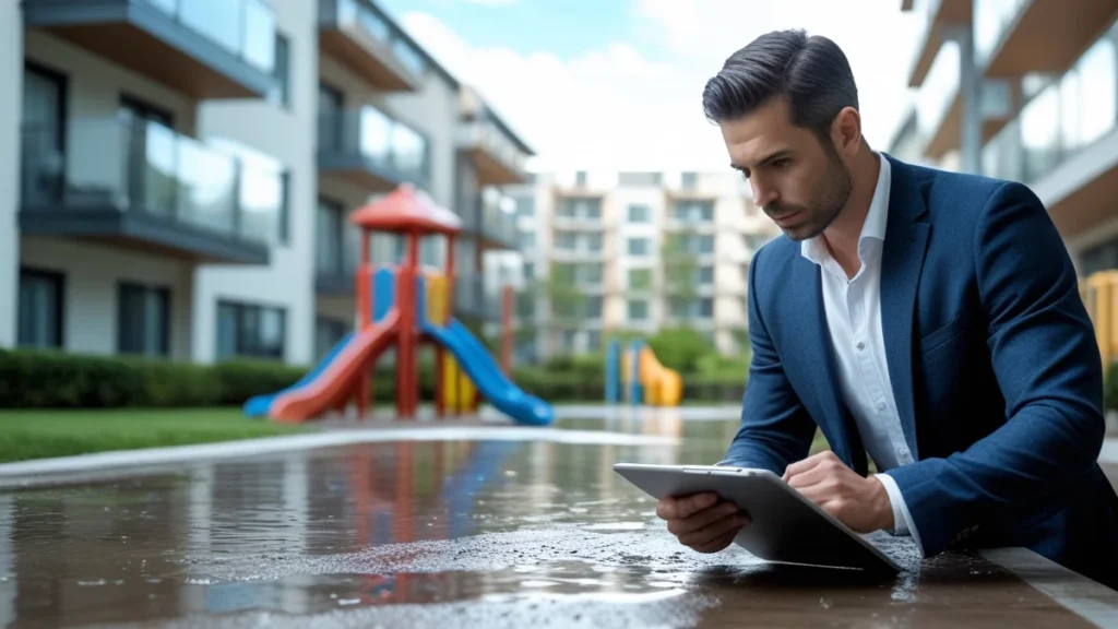 Especialista em direito condominial examinando local de acidente em área comum de prédio, como piso molhado ou playground, para determinar a responsabilidade civil do condomínio.
