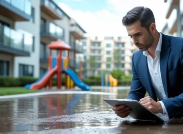 Especialista em direito condominial examinando local de acidente em área comum de prédio, como piso molhado ou playground, para determinar a responsabilidade civil do condomínio.