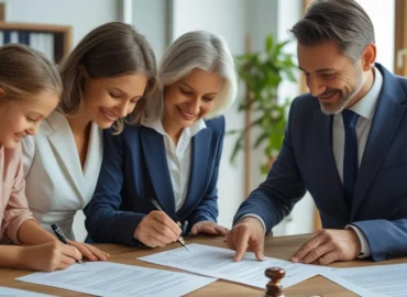 Advogado especialista em direito de família e sucessões explicando a um cliente como funciona a administração da herança de menor de idade.