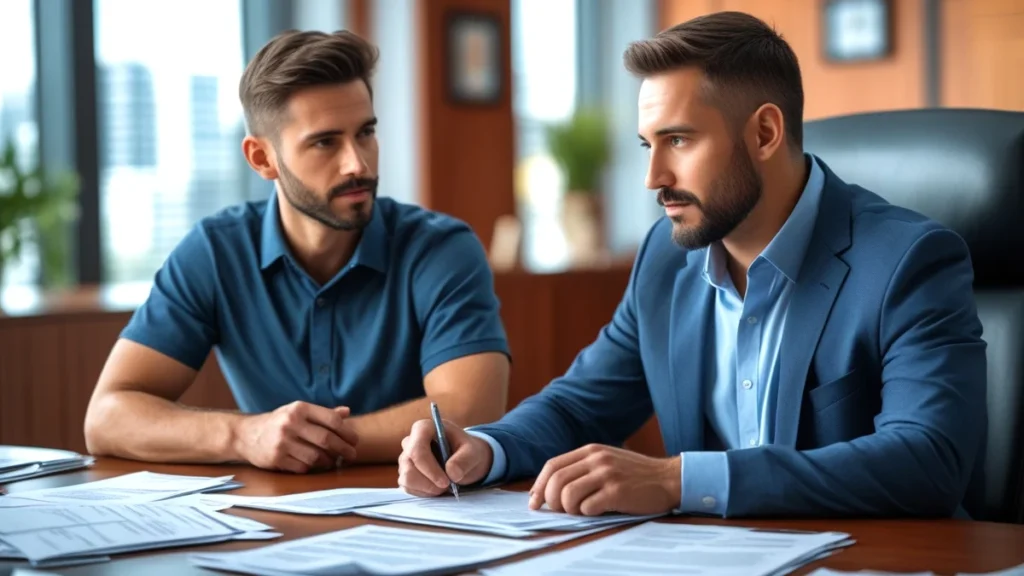 Advogado especialista em direito trabalhista revisando um contrato de teletrabalho (home office), simbolizando a comprovação legal da ausência do funcionário.