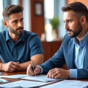 Advogado especialista em direito trabalhista revisando um contrato de teletrabalho (home office), simbolizando a comprovação legal da ausência do funcionário.