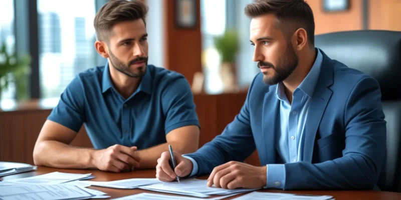Advogado especialista em direito trabalhista revisando um contrato de teletrabalho (home office), simbolizando a comprovação legal da ausência do funcionário.