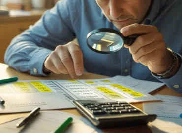 Advogado usando calculadora para conferir o cálculo do aviso prévio proporcional em um documento de rescisão de contrato de trabalho.