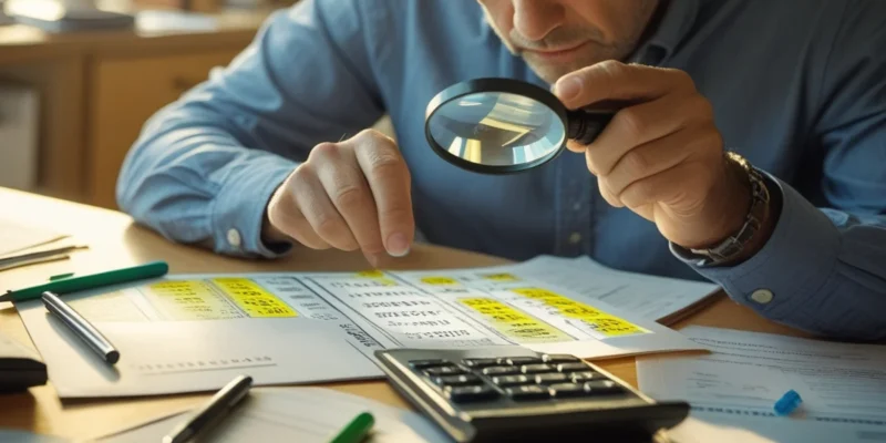 Advogado usando calculadora para conferir o cálculo do aviso prévio proporcional em um documento de rescisão de contrato de trabalho.