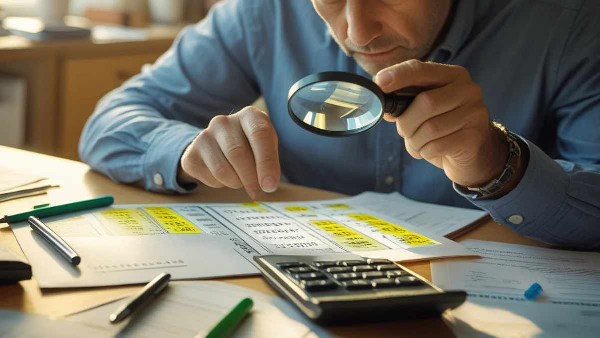 Advogado usando calculadora para conferir o cálculo do aviso prévio proporcional em um documento de rescisão de contrato de trabalho.