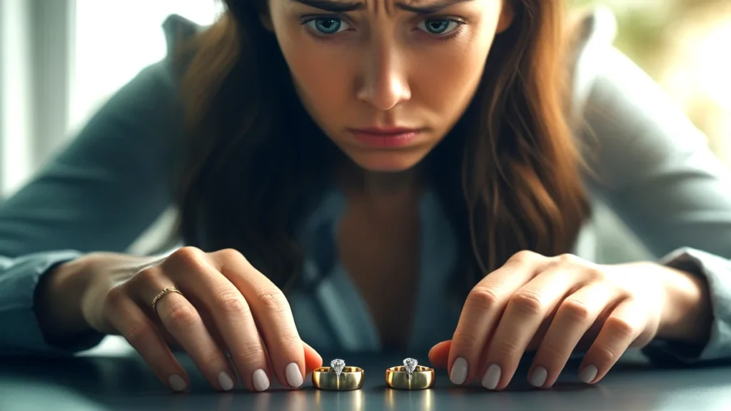 Mulher com expressão preocupada olhando para dois anéis de casamento, simbolizando a dúvida e as consequências legais de casar de novo sem ter o divórcio oficializado.