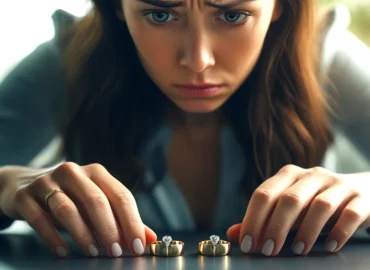 Mulher com expressão preocupada olhando para dois anéis de casamento, simbolizando a dúvida e as consequências legais de casar de novo sem ter o divórcio oficializado.