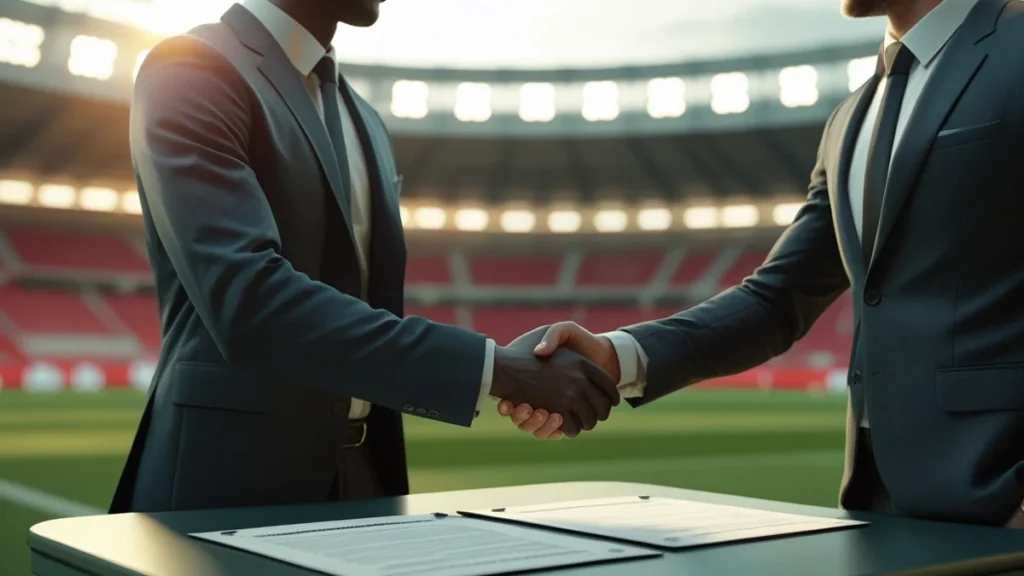 Atleta de futebol e agente esportivo apertando as mãos sobre uma mesa com um contrato de intermediação e uma caneta, simbolizando a formalização e a segurança jurídica do vínculo profissional no esporte.