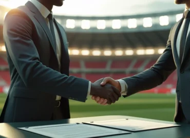 Atleta de futebol e agente esportivo apertando as mãos sobre uma mesa com um contrato de intermediação e uma caneta, simbolizando a formalização e a segurança jurídica do vínculo profissional no esporte.