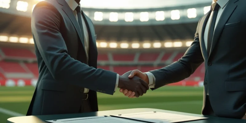 Atleta de futebol e agente esportivo apertando as mãos sobre uma mesa com um contrato de intermediação e uma caneta, simbolizando a formalização e a segurança jurídica do vínculo profissional no esporte.