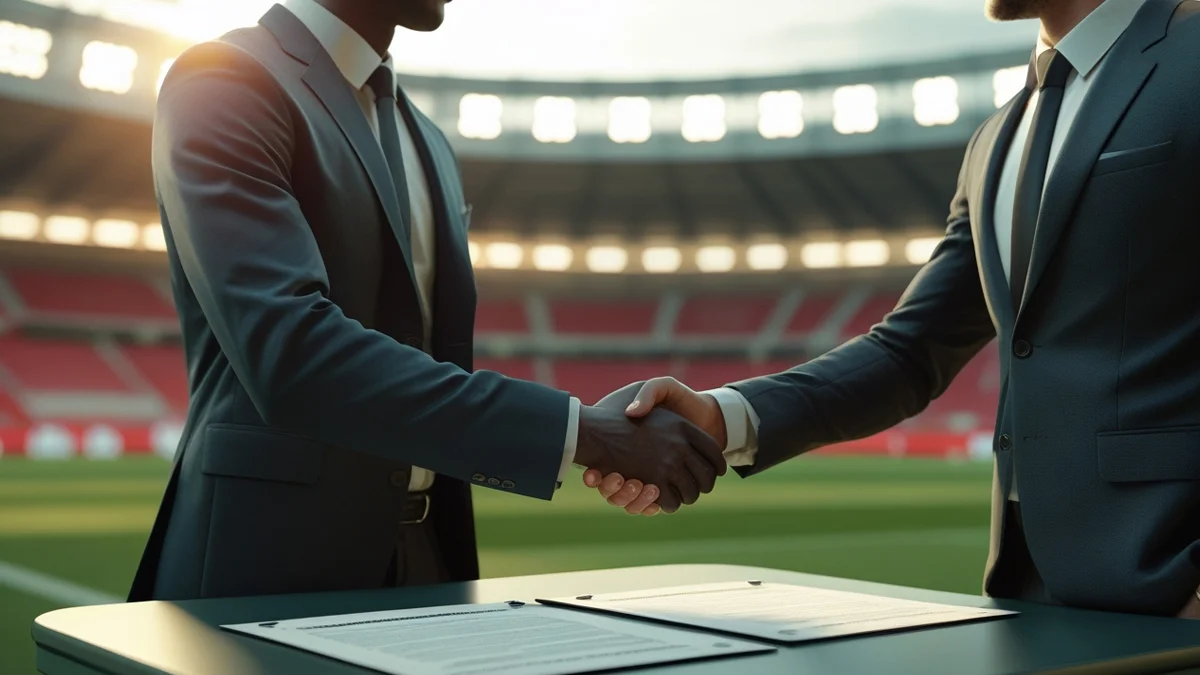 Atleta de futebol e agente esportivo apertando as mãos sobre uma mesa com um contrato de intermediação e uma caneta, simbolizando a formalização e a segurança jurídica do vínculo profissional no esporte.