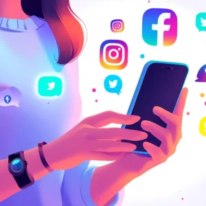 Pessoa usando smartphone com ícones de redes sociais ao lado de uma balança da justiça e um martelo de juiz, simbolizando o impacto legal das postagens em um divórcio.