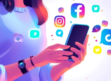 Pessoa usando smartphone com ícones de redes sociais ao lado de uma balança da justiça e um martelo de juiz, simbolizando o impacto legal das postagens em um divórcio.