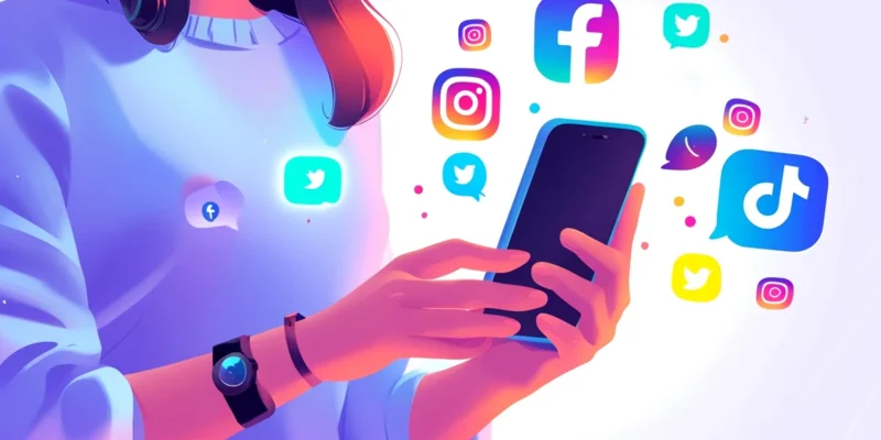 Pessoa usando smartphone com ícones de redes sociais ao lado de uma balança da justiça e um martelo de juiz, simbolizando o impacto legal das postagens em um divórcio.