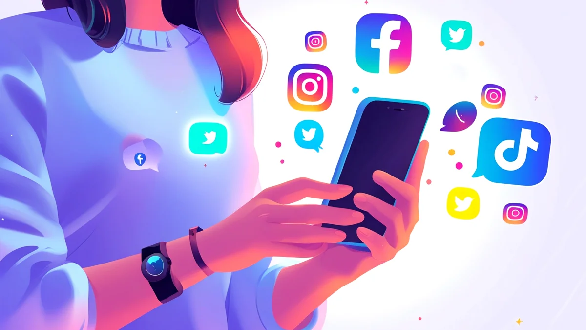 Pessoa usando smartphone com ícones de redes sociais ao lado de uma balança da justiça e um martelo de juiz, simbolizando o impacto legal das postagens em um divórcio.