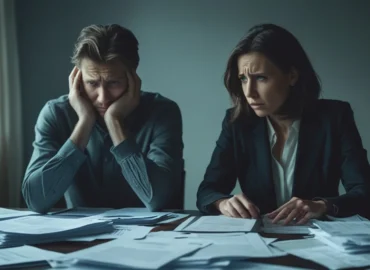 Pessoa com expressão preocupada analisando contrato de imóvel na planta e calculadora, simbolizando a dificuldade em pagar o financiamento.