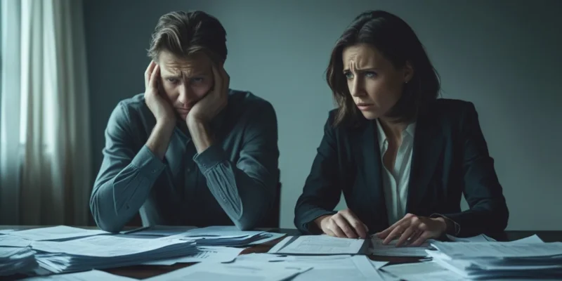 Pessoa com expressão preocupada analisando contrato de imóvel na planta e calculadora, simbolizando a dificuldade em pagar o financiamento.