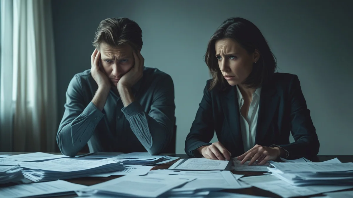 Pessoa com expressão preocupada analisando contrato de imóvel na planta e calculadora, simbolizando a dificuldade em pagar o financiamento.